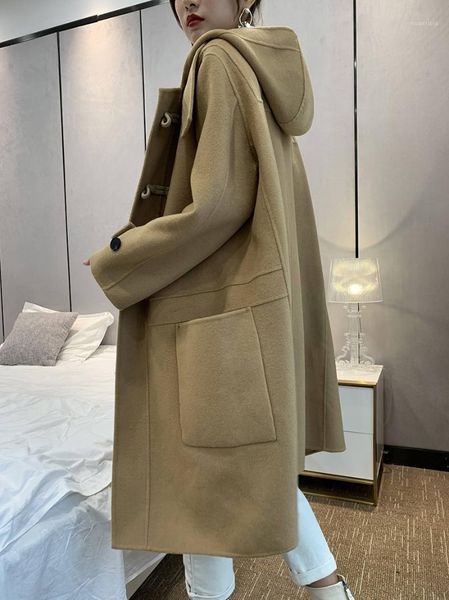 

double-sided cashmere coat oversize midi length retro hooded claw buckle 2020 new fashion all-match jacket abrigos para mujer1, Black