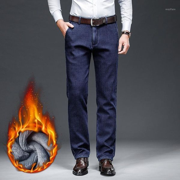 

autumn and winter straight loose fleece men jeans men's trousers middle-aged warm thick long pants large size 42 mens jeans1, Blue