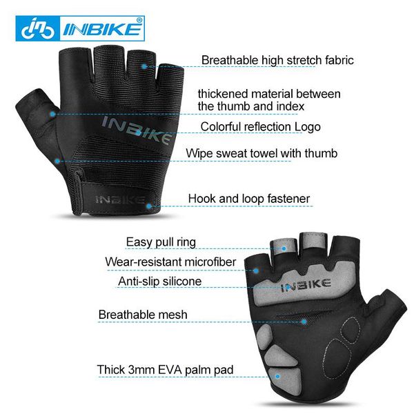 

inbike 2020 half finger cycling gloves outdoor bicycle riding mtb gloves breathable reflection rider gloves use wmtddf, Black
