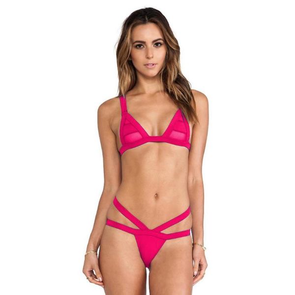 

beachwear mesh splicing two piece bikini swimsuit triangle thong swimwear brazilian bathing suit for women, White;black