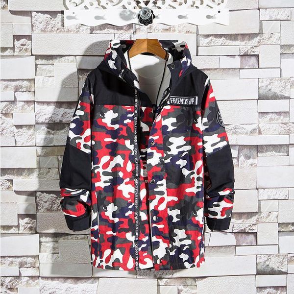 

camouflage jacket men spring autumn fashion windbreaker loose zipper camo long style hooded jackets and coats for men1, Black;brown