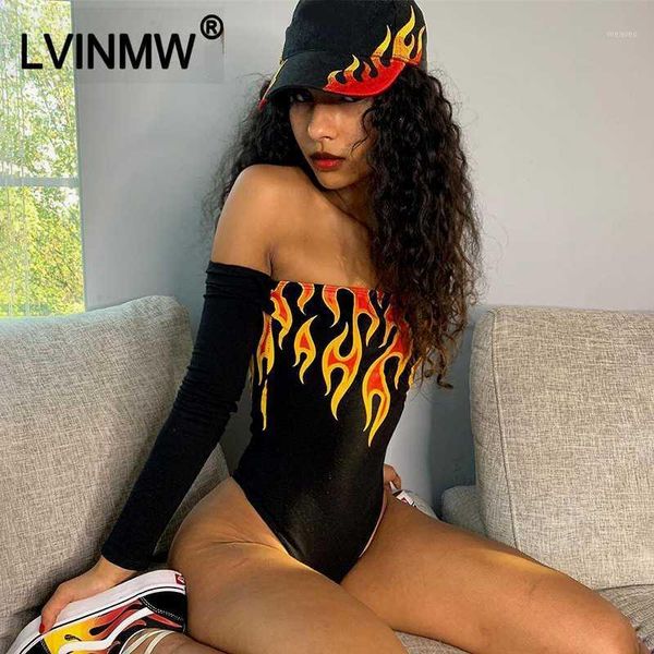 

lvinmw fashion flame print slash neck long sleeve bodysuits 2020 autumn women skinny off shoulder romper female club 1, Black;white