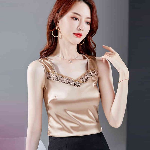 

aossviao silk black tank women summer sleeveless korean deep v neck womens satin streetwear lace tank top, White