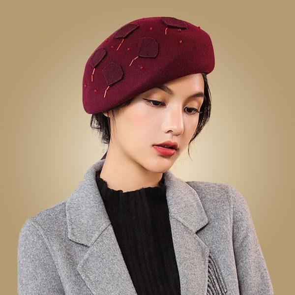 Wolle Baskenmütze Hut Vintage Winter Wolle Hüte Frauen Elegante Französisch Fedora Kappe Weinrot Herbst Party Hochzeit Kappen