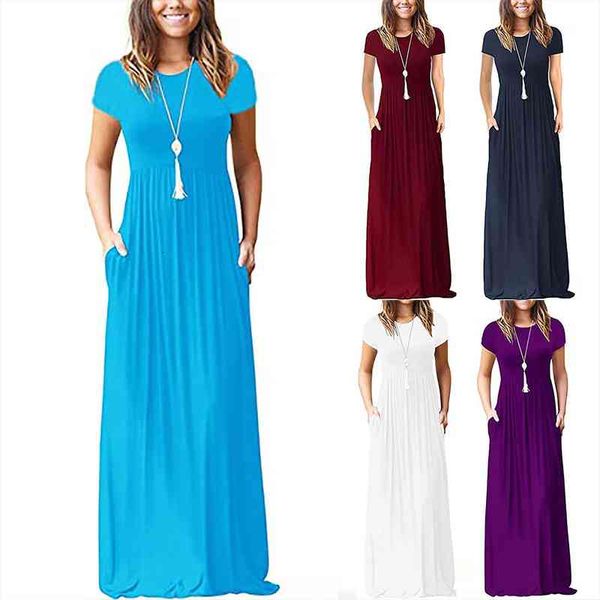 

classic fashion women youth series dress casual o-neck summer short sleeve soild loose pockets long dress beach holiday, Black;gray