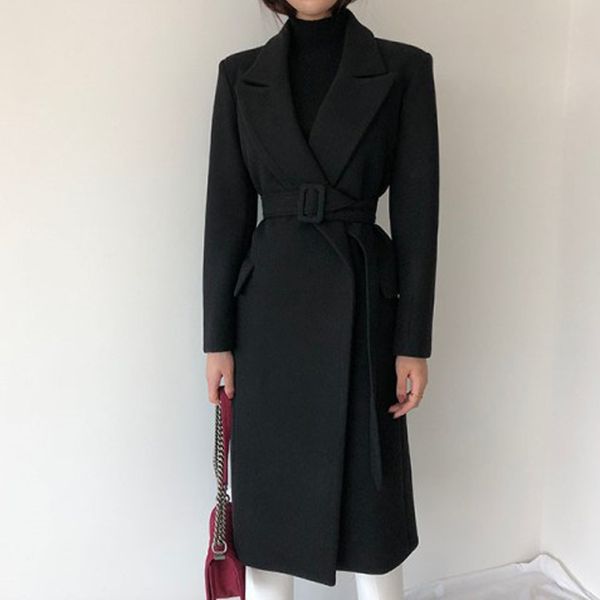 

women's long coat for autumn or warm winter lady fashion with belt 201112, Black