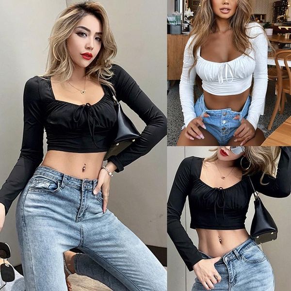 

summer crop casual womens clothing women long sleeve shirts women lace-up blouse, White