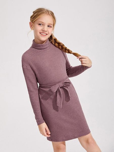 

girls solid drop shoulder belted fitted dress she, Red;yellow