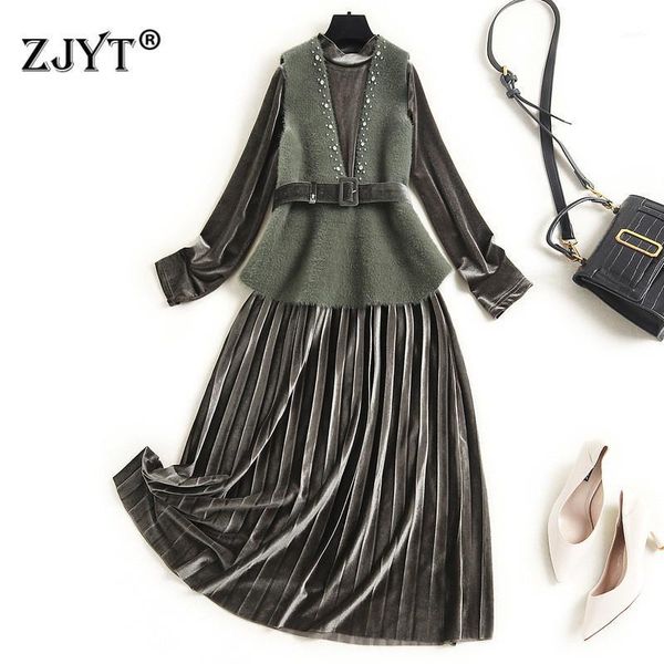 

elegant lady fall winter vintage long sleeve beading vest pleated velour dress suit woman clothes midi casual robe femme vestido1, Black;gray