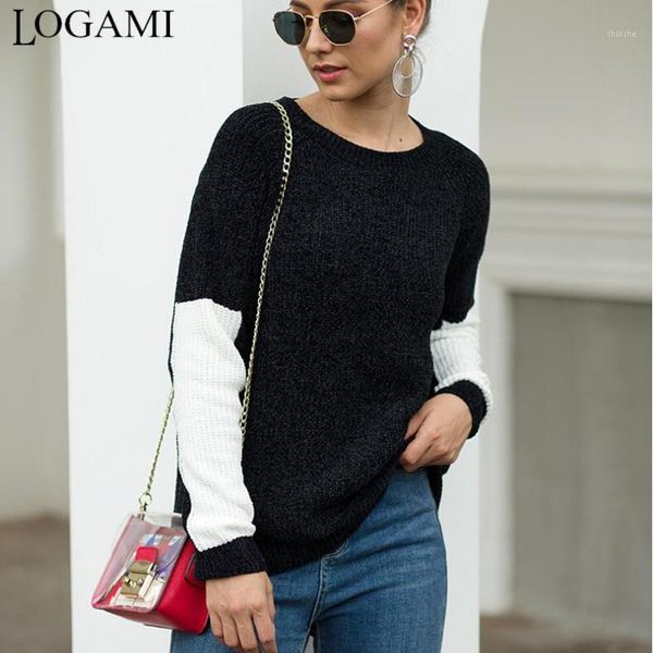 

logami o neck patchwork long sleeve woman sweater autumn and winter 2019 new fashion female sweater1, White;black
