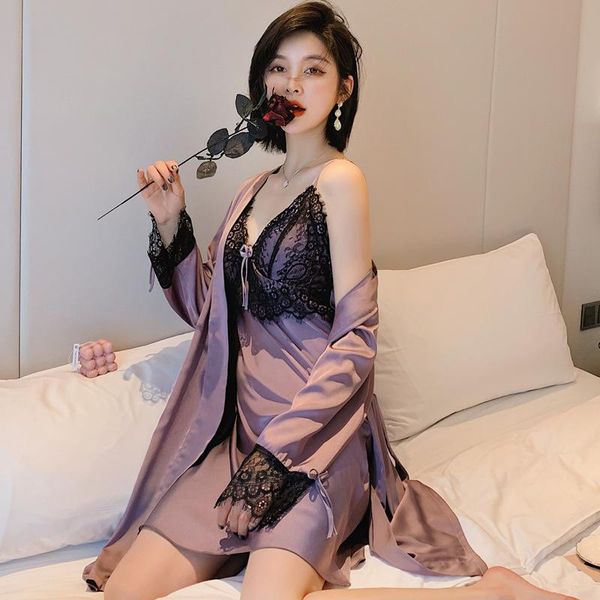 

women's sleepwear silk robe sets women spring autumn ice sling nightgown two-piece home service feminine nightdress with chest pad nigh, Black;red