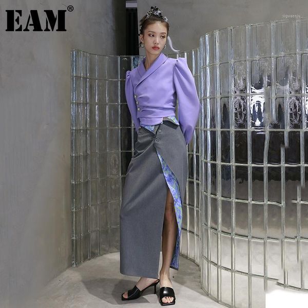 

eam] high waist gray cross pattern printed irregular long half-body skirt women fashion tide new spring autumn 2020 1dd02361, Black