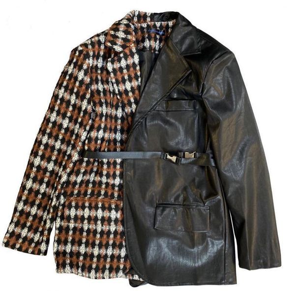 

women casual woolen vintage coat leather patchwork plaid winter coat women color matching wool coats 2020 new fashion, Black