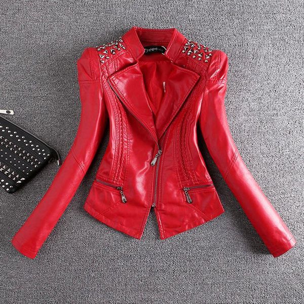 

2019 spring autumn new fashion motorcycle leather jacket women plus size short slim rivet black faux leather biker jacket women1