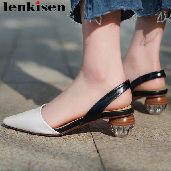 

lenkisen simple style summer brand young girls square toe art design med heels genuine leather slip on dating party sandals l7f4, Black