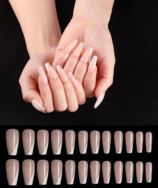 

24pcs symmetrical glitter uv light french false nails long ballet press on fake nail tips girls trendy manicure decoration, Red;gold