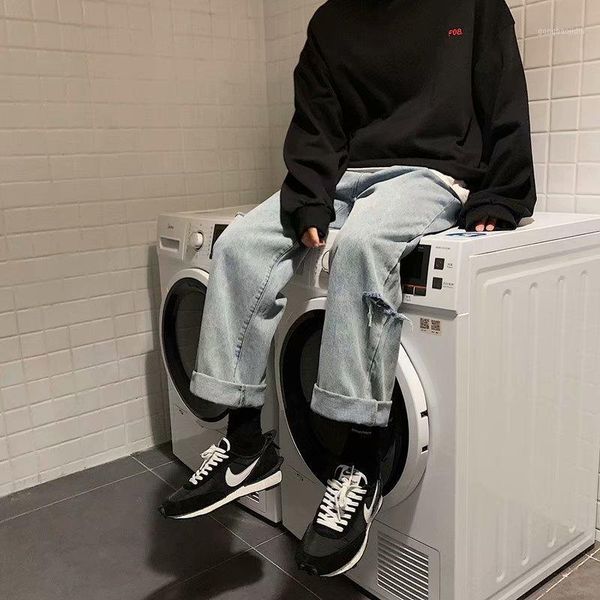 

2020 summer men's leisure holes baggy homme jeans mens loose fashion casual straight pants blue color male trousers size -2xl1