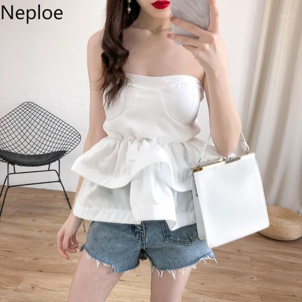 

women's blouses & shirts neploe 2021 summer women sleeveless blouse double ruffle short shirt off shoulder strapless slim waist bl, White