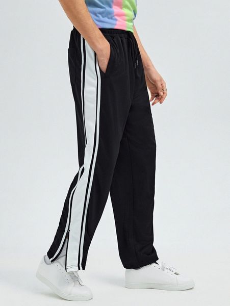 

men drawstring waist striped side split hem sweatpants q3f8#, Black