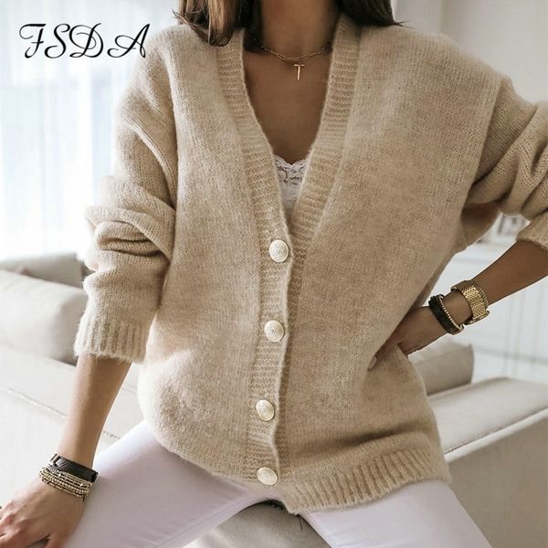 

fsda v neck botton long sleeve cardigan women knitted black autumn winter sweater casual loose oversized jumper y200910, White;black