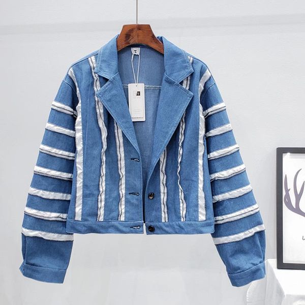 

women's jackets [ewq] lapel wave pleated lantern long sleeve casual denim striped jacket street style fashion tide 2021 autumn gd862, Black;brown