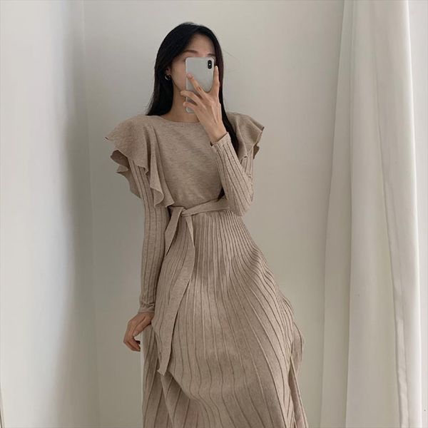 

ruffles women sweater mid dress slim solid pleated o neck winter dresses long sleeve office lady knee length fashion clothes, Black;gray