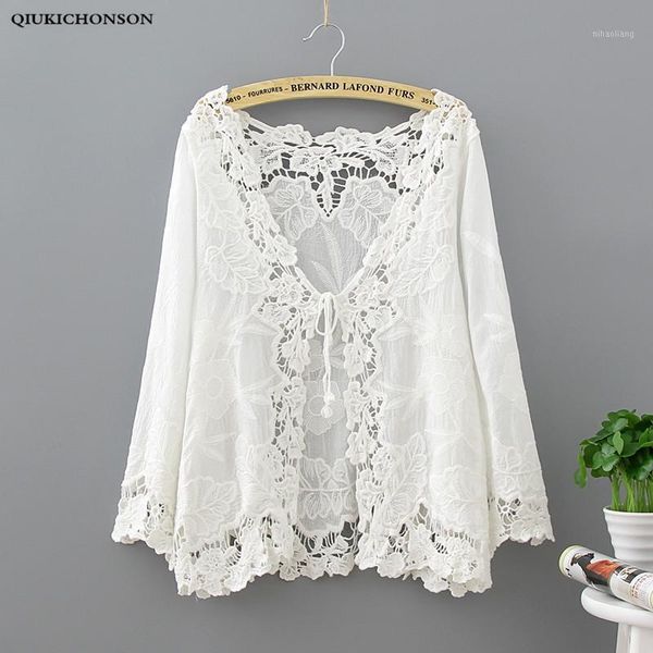 

women's knits & tees qiukichonson white lace cardigan women boho hollow out flower embroidery bikini cover up sunproof kimono 1