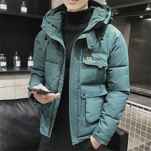 

new winter men parka big pockets casual jacket hooded solid color 5 colors thicken and warm hooded outwear coat size 5xl 201218, Black