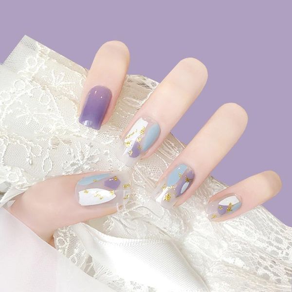 

false nails 24pcs press on with designs purple orchid halo dyeing manicure patch artificial glue, Red;gold