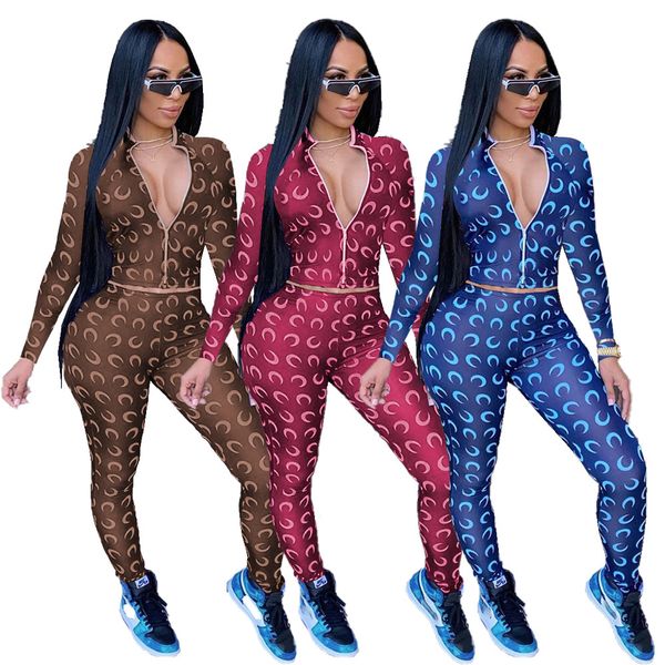 

women designers tracksuit tow pieces outfits 2020 casual multi color printed zipper long sleeved sports suit t2139, Gray