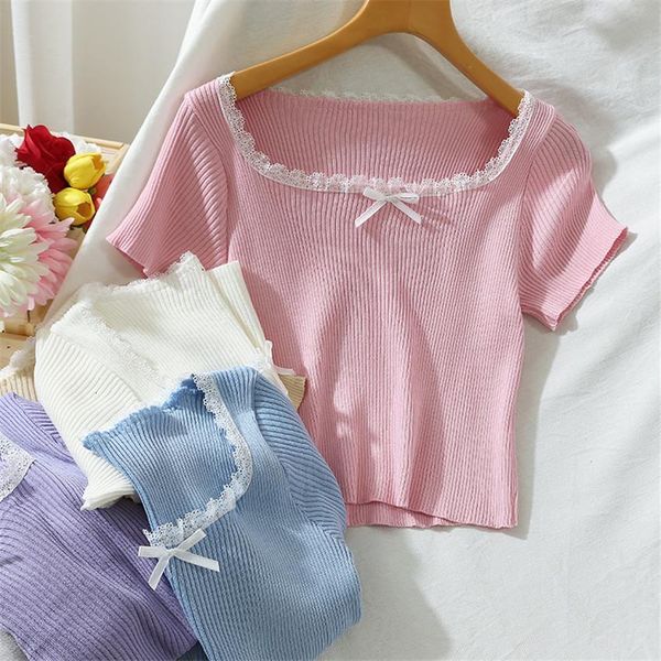 

2020 summer thin knit crop pink white t shirt women short sleeve solid tshirt korean sweet cute t-shirt camisetas mujer