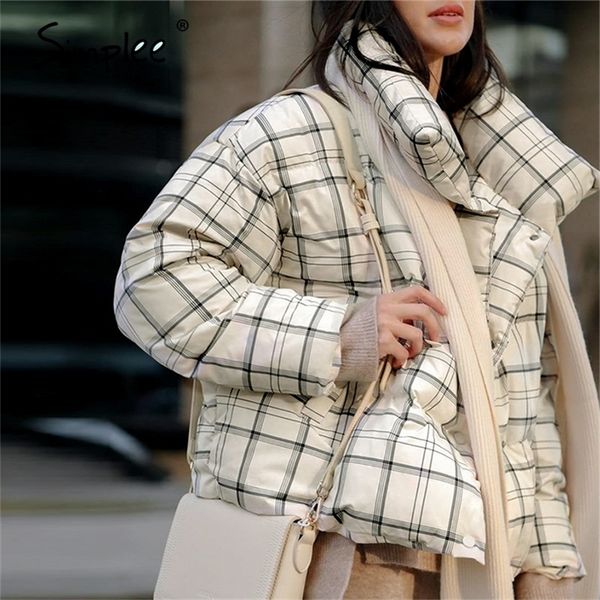 

simplee causal white plaid autumn winter women turtleneck long sleeve female warm coat high street fashion parkas y201012, Black