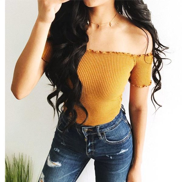 

summer & tees women t shirt off shoulder lady knitting t-shirt crop korean clothes shirt women top, White