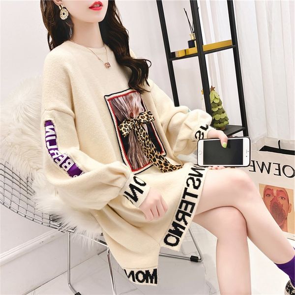 

pregnant sweaters women's autumn and winter suits net red foreign style medium length knitted top, White