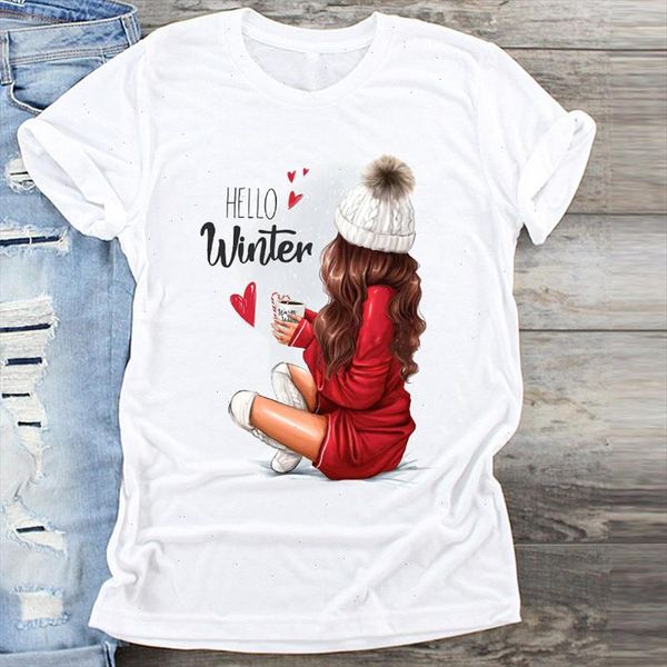 

women cartoon new year winter time 90s trend merry christmas print clothes graphic female tshirts t shirt ladies tee t shirt, White