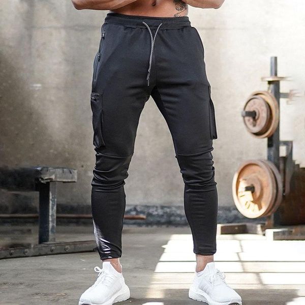 

men's pants 2021 multi-pocket casual fitness tie-down foot zipper joggers sports men clothing streetwear sportswear, Black