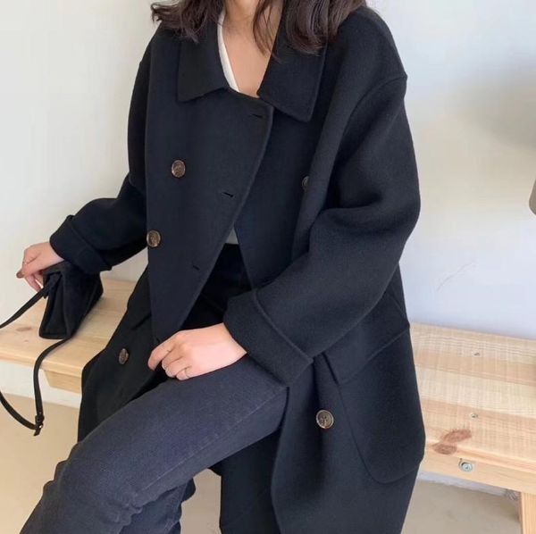 

women's wool & blends off season double-sided cashmere coat 2021 medium long female han style small loose, Black