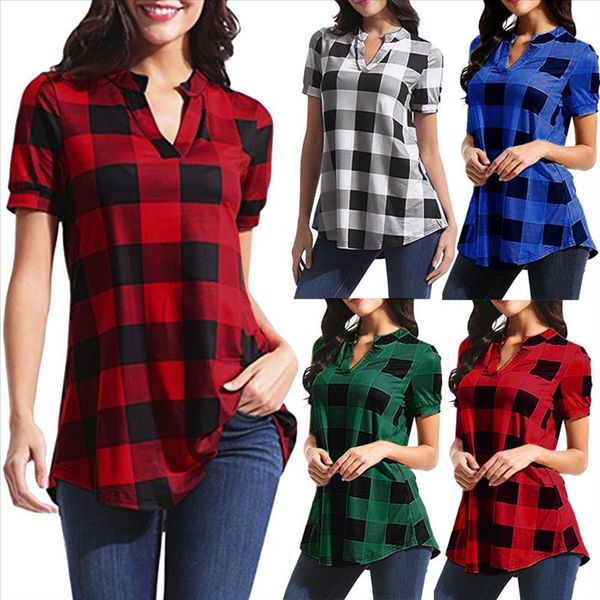 

women casual blouses 2021 new plaid printed short sleeve v neck irregular hem blouse shirt kobiety bluzki plus size, White