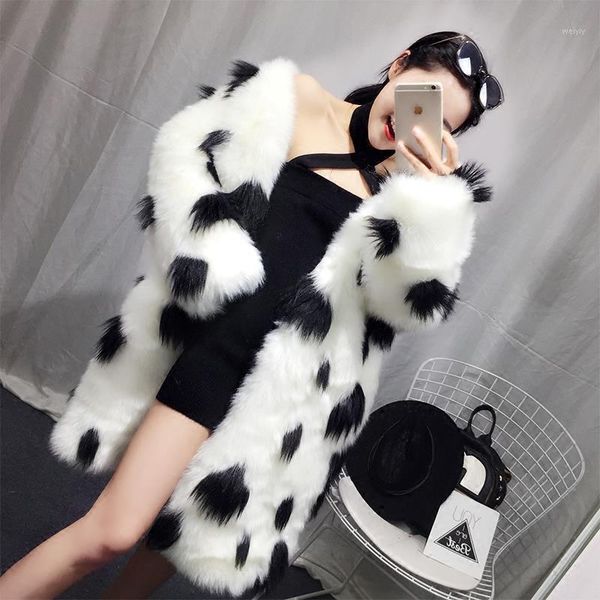 

2021 new winter long fur coat female loose casual long sleeve black and white water drops imitation faux fur coat y1681