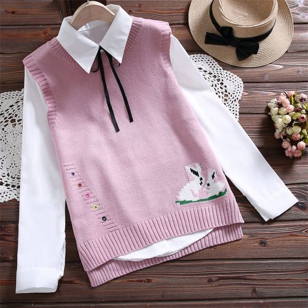 

loose student college wind sweater vest female cartoon pattern embroidery round neck sleeveless irregular sweater vest women 201223, White;black