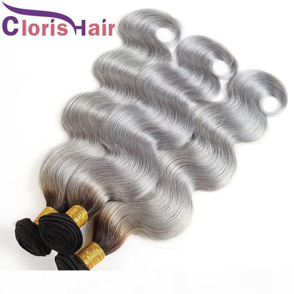 

t1b gray ombre human hair bundle malaysian virgin body wave hair weaves 3pc two tone colored grey ombre hair extensions wet and wavy, Black
