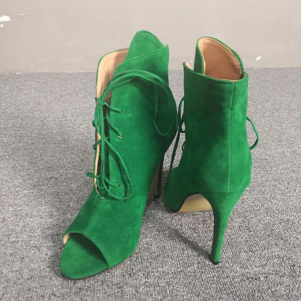 Handmade Большой размер US5-US5-US15 2022 Дамы High Caels Платье Обувь Peep-Toe Green Cash Замшевая Вечерняя вечеринка PROM CRISS SHOELACE Модные судовые насосы D746