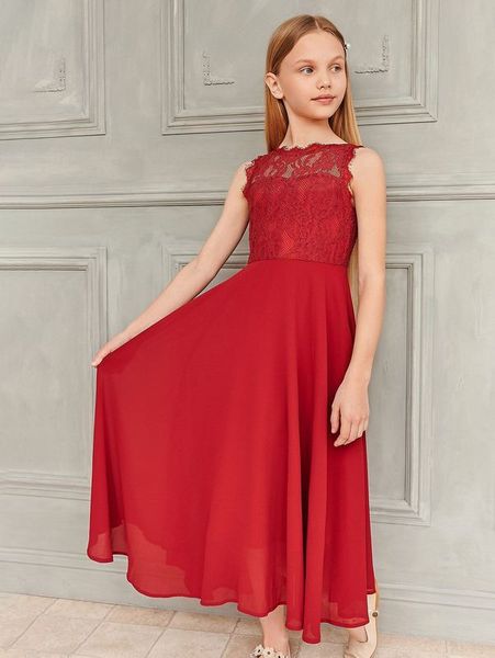 

girls lace bodice solid dress she, Red;yellow