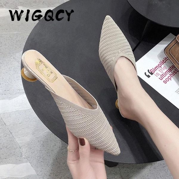 

knitted slippers women new summer shoes women fashion pointed toe slides spike heels beige elastic mesh mules female shoes #uz6v, Black