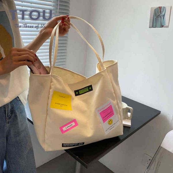 

shopping bags large capacity label design canvas shoulder for women new summer cute college tote graffiti color handbag 220310