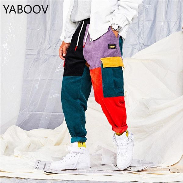 

men jeans color patchwork cargo pants warm corduroy homme hip hop joggers streetwear pants1, Blue