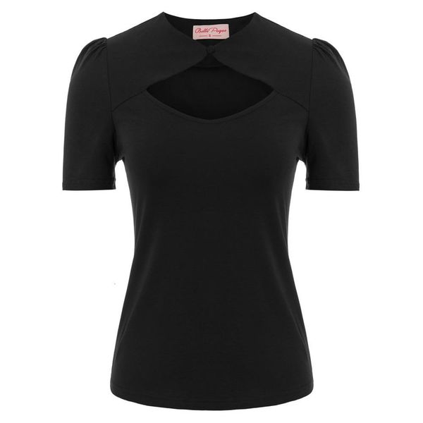 

ladies tee shirt vintage retro slim women solid black/navy blue ruched short sleeve hollowed front cotton t-shirt, White