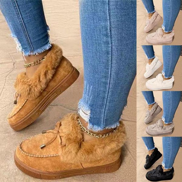 

женщины плюшевые снежные ботинки 2021 мода толстая нижняя платформа зимние лодыжки сапоги повседневная скольжение на плоских обувь комфорт т, Black