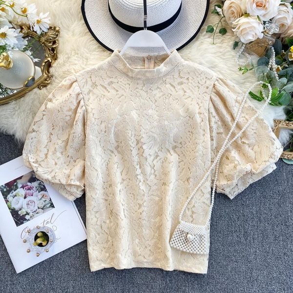 

women retro court short puff sleeve stand collar slim short chic lace lady solid color vintage blouse k4191, White