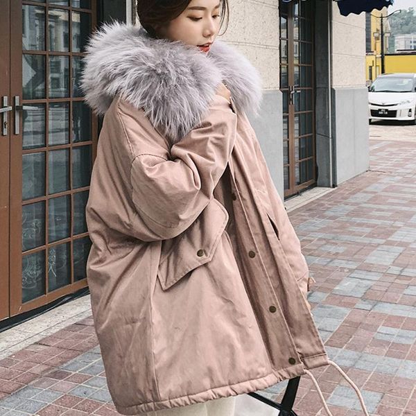 

winter jacket women cotton parkas 2019 new fashion loose fur collar hooded jacket casual thick coat female padded overcoat ly401, Black
